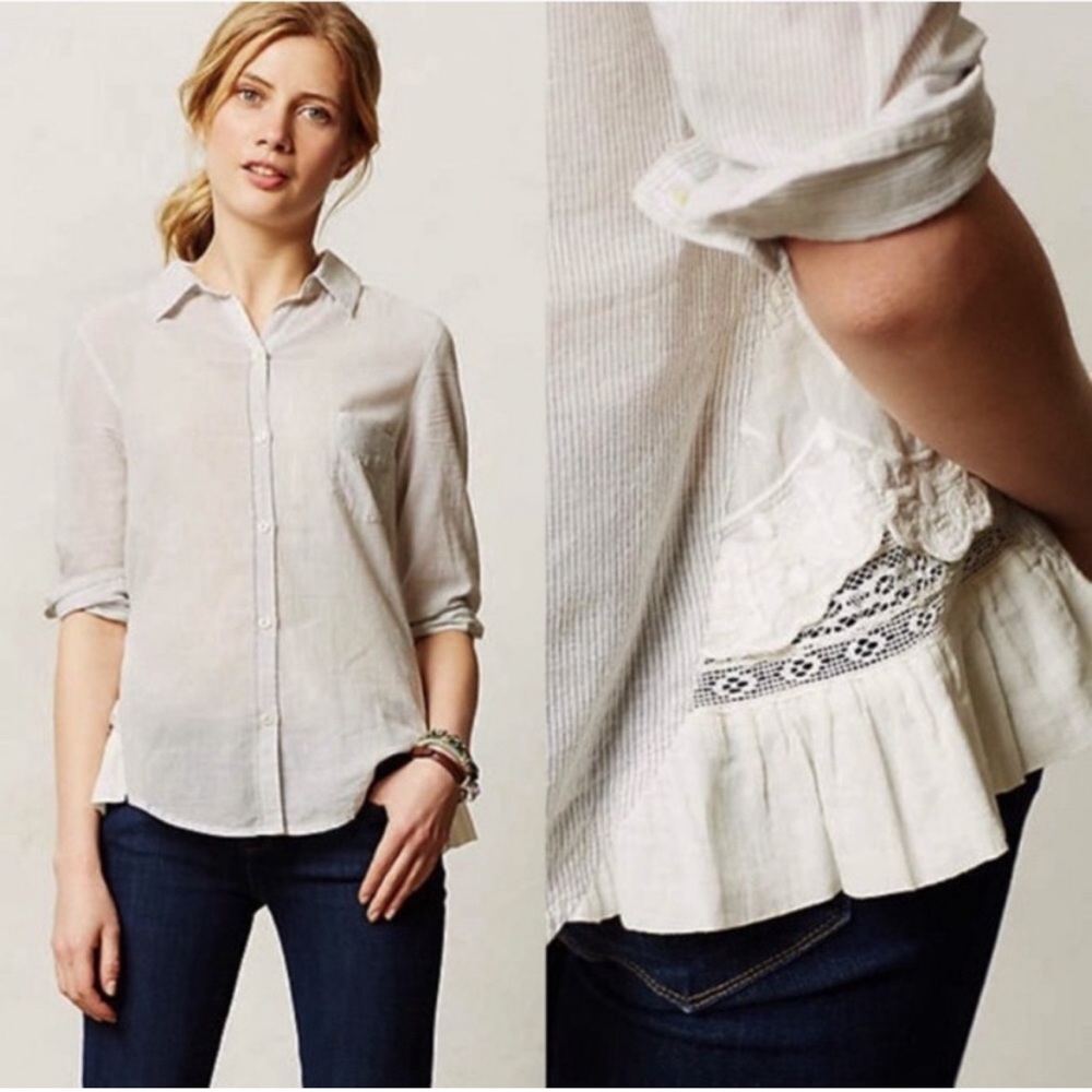 HOLDING HORSES Cream Button-Down Shirt with Lace Trim